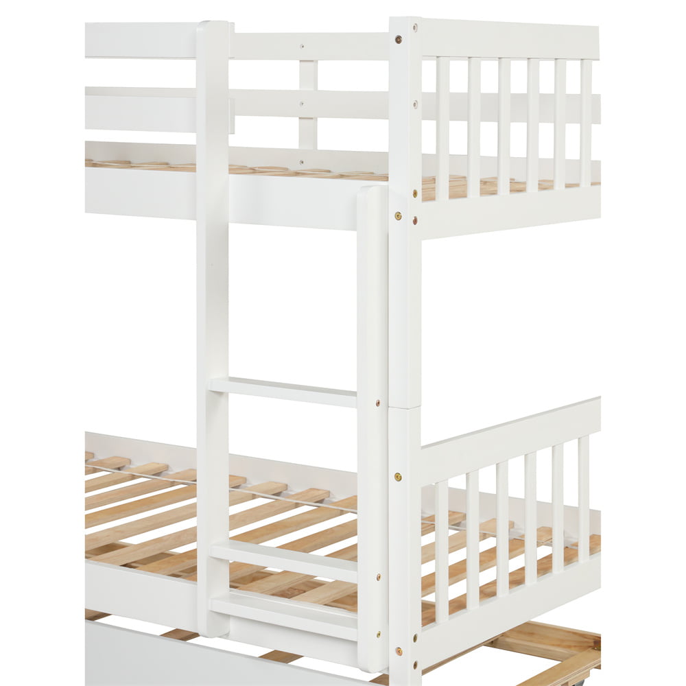 Twin Over Twin Bunk Beds with Trundle, Solid Wood Bed Frame with Safety Rail and Ladder for Kids/Teens Bedroom, Guest Room Furniture, White