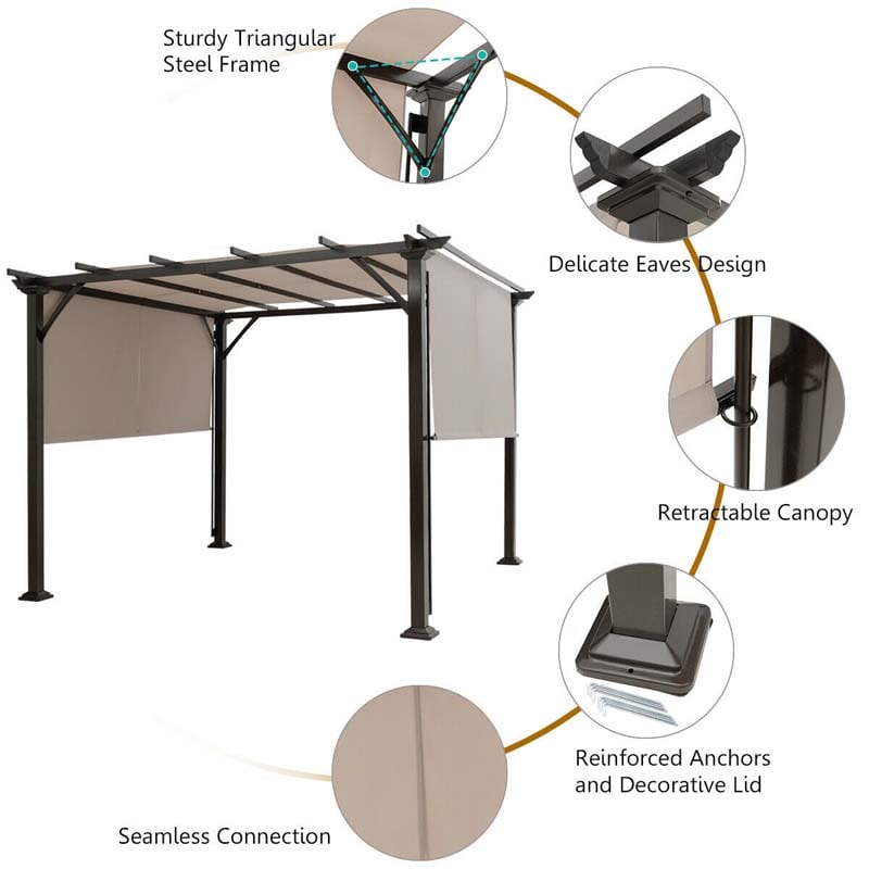 10 x 10 FT Metal Pergola with Retractable Canopy Outdoor Patio Pergola Gazebo Sun Shelter