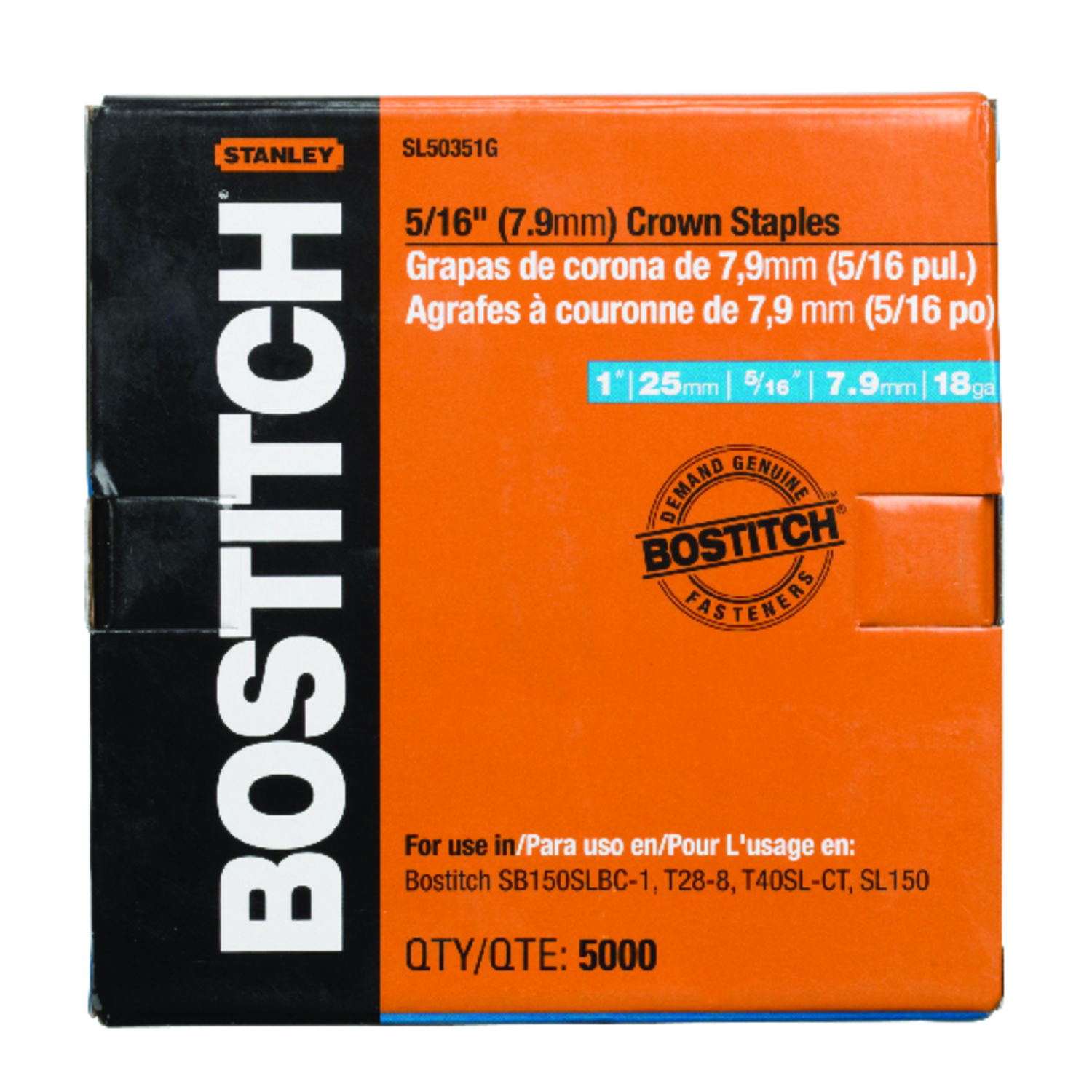 Bostitch SL 5/16 in. W X 1 in. L 18 Ga. Narrow Crown Staples 5000 pk