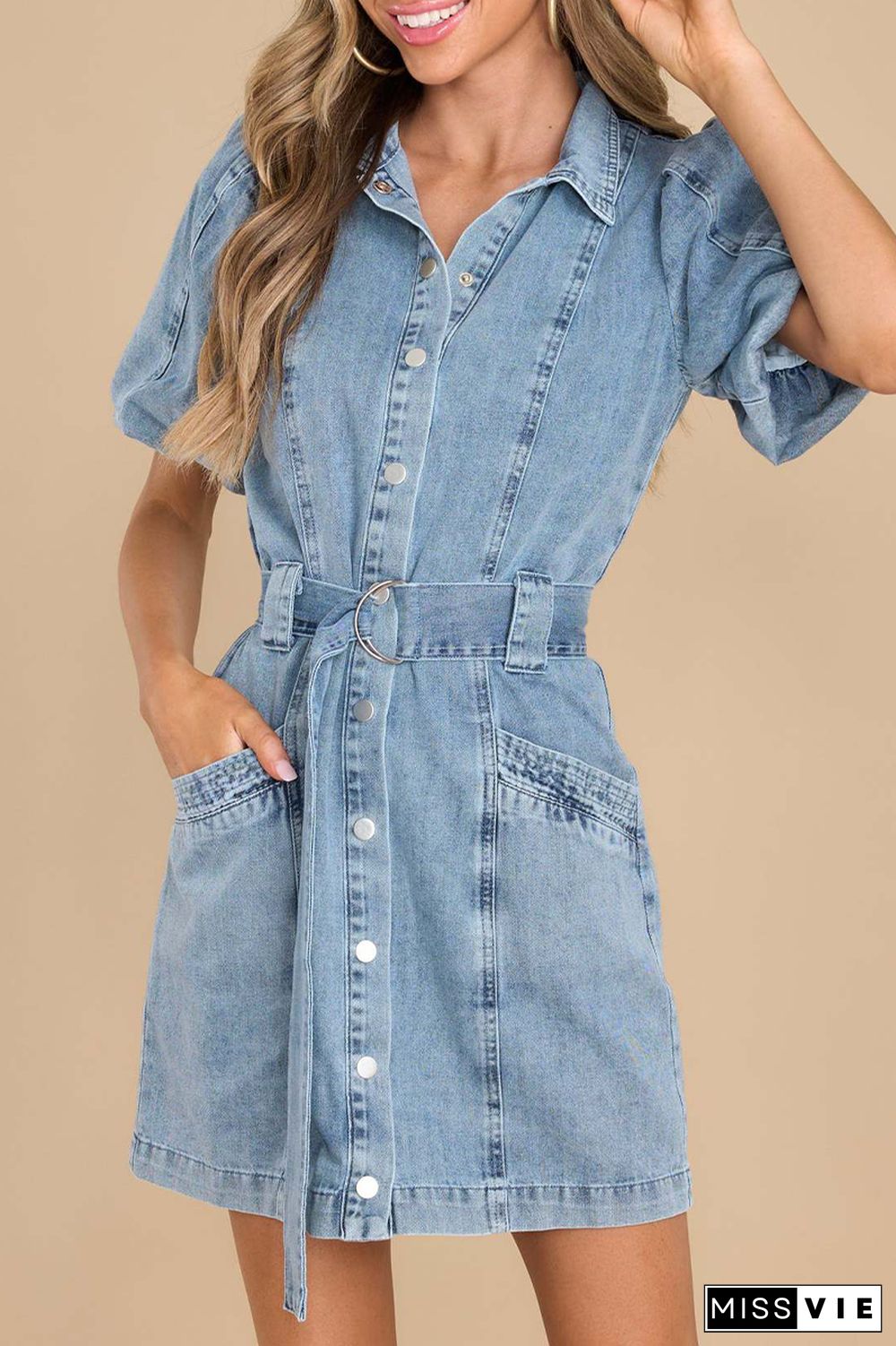 Casual Solid Pocket Turndown Collar Long Sleeve Denim Dresses