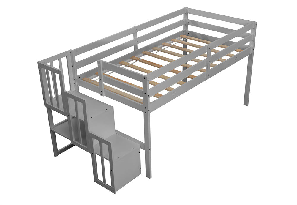 Twin Loft Bed with Stairs and Storage, Wood Loft Bed for Kids/Teens/Child's Room, 44.5 inches Tall, No Box Spring Needed (Gray)