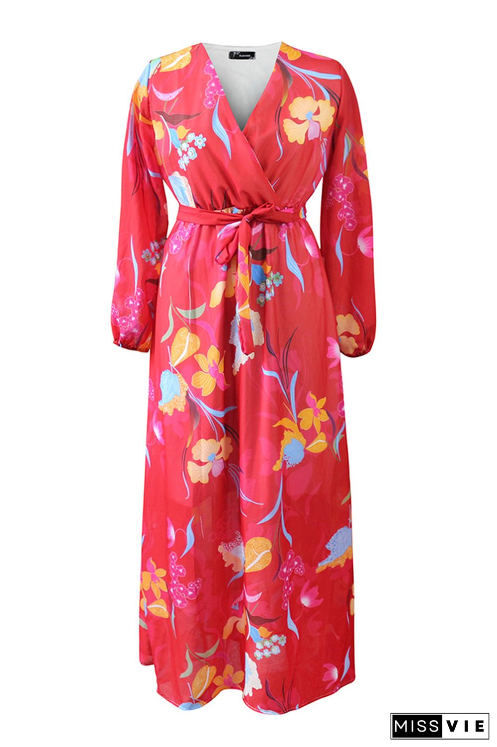 Red Bohemian Floral Printed Blending Floor Length Dress