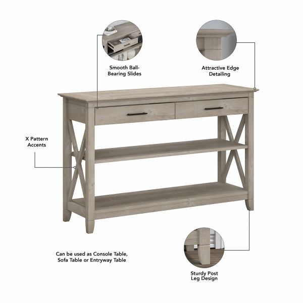 Bush Furniture Key West Entryway Storage Set with Hall Tree， Shoe Bench and Console Table in Washed Gray