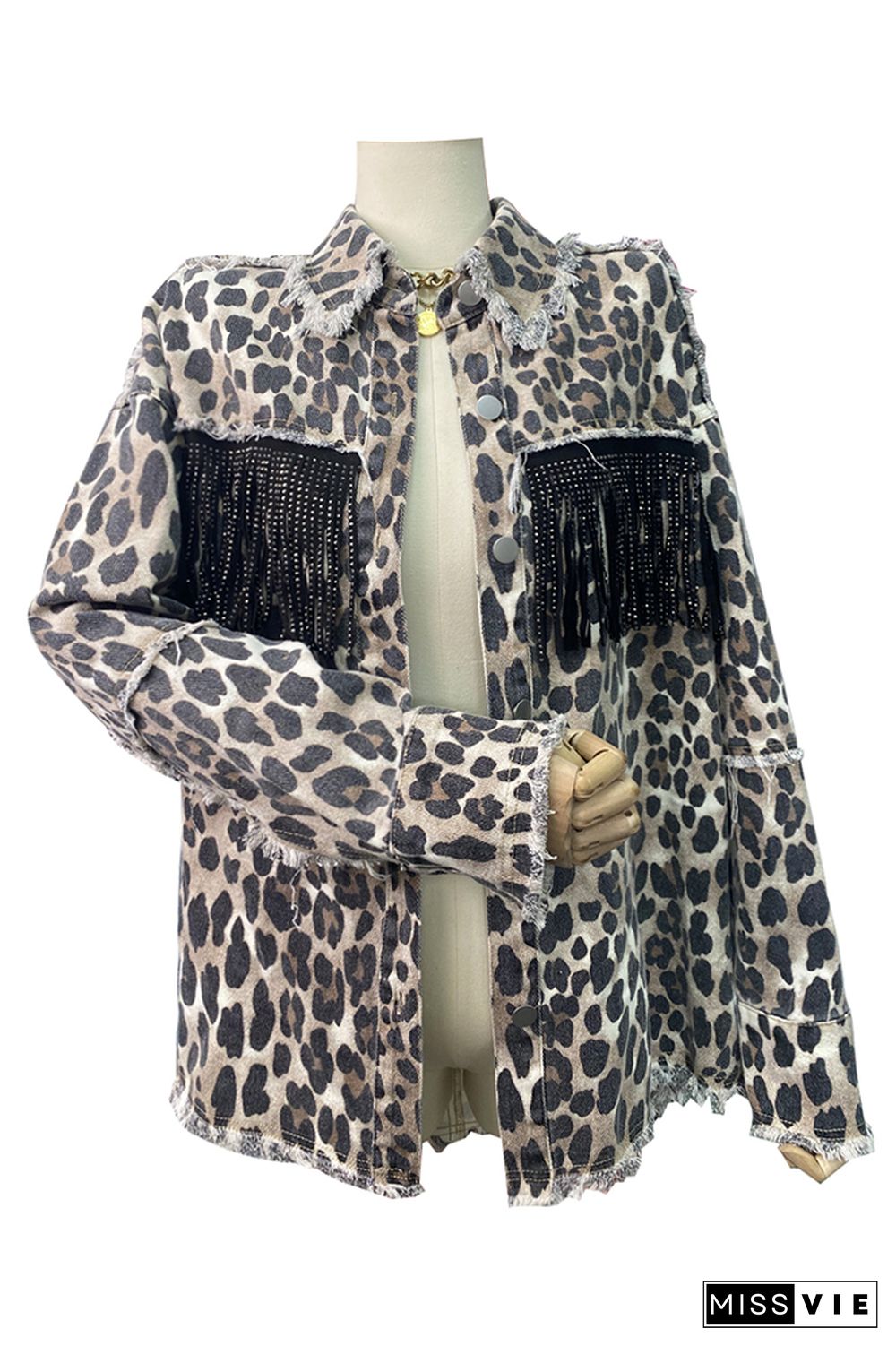 Distressed Raw Hem Leopard Tassle Denim Jacket Coat