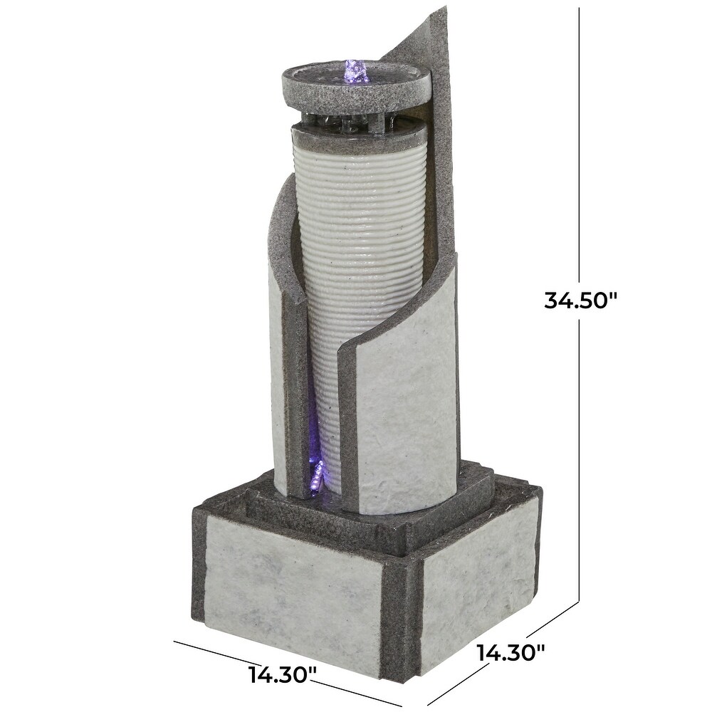 Light Gray Fiberglass 2 Tier Geometric Fountain with LED Light