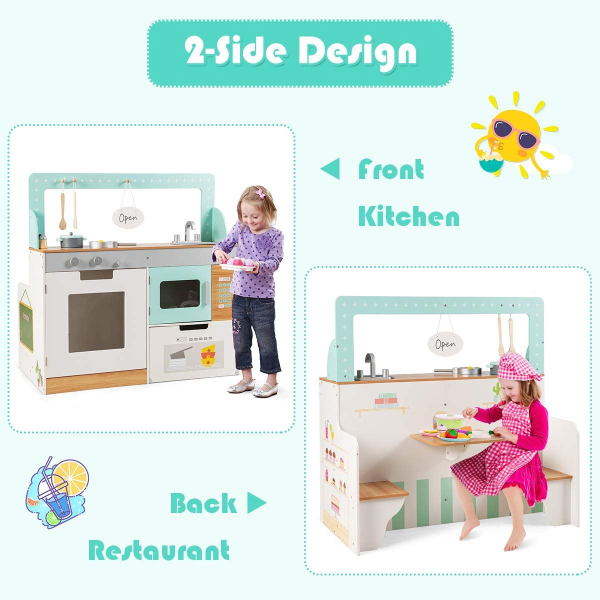 Costzon 2 in 1 Kids Play Kitchen and Restaurant, Double Sided Wooden Pretend Cooking Playset with Sink