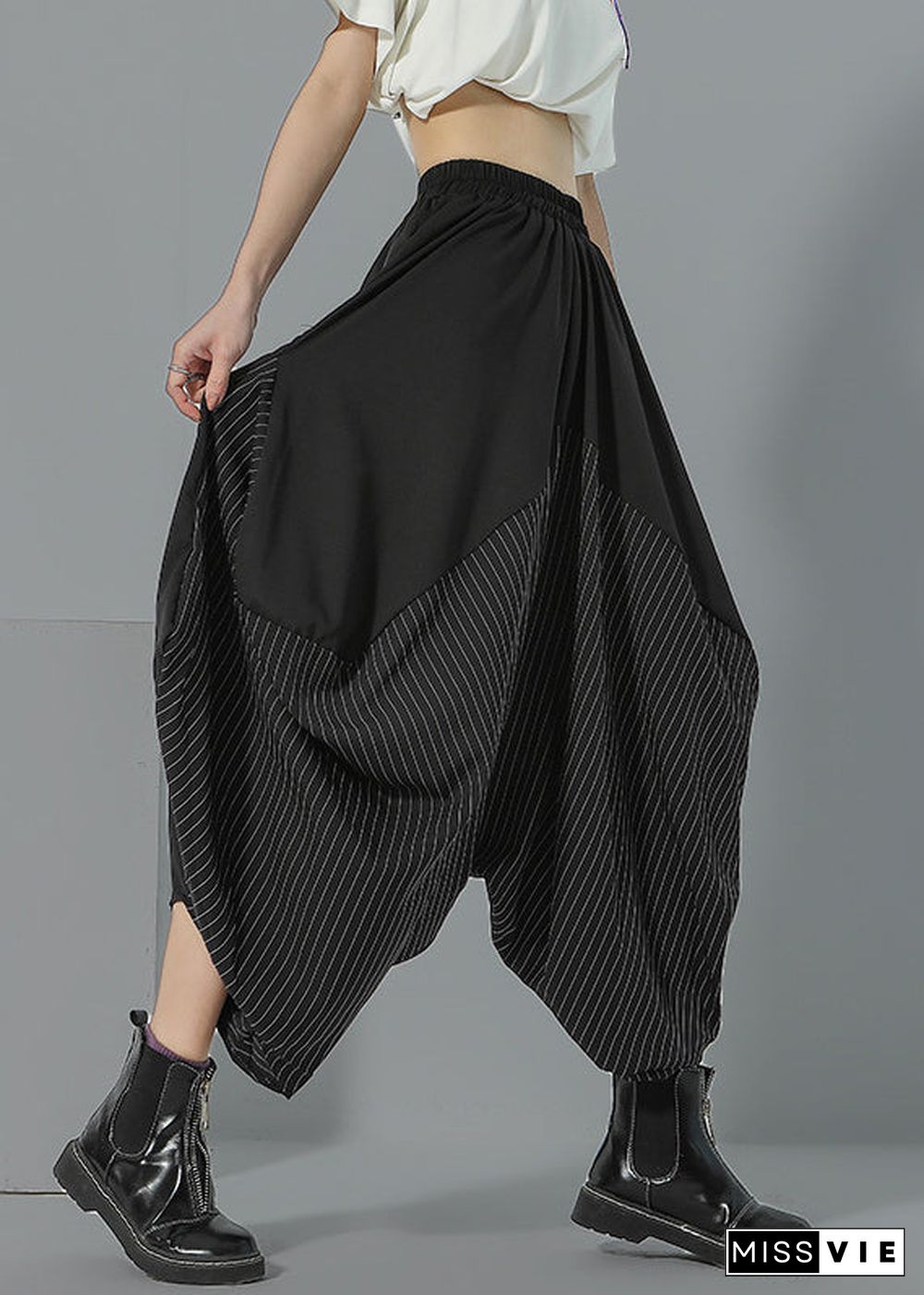 Italian Black Asymmetrical Pockets Striped Patchwork Wide Leg Pants Summer