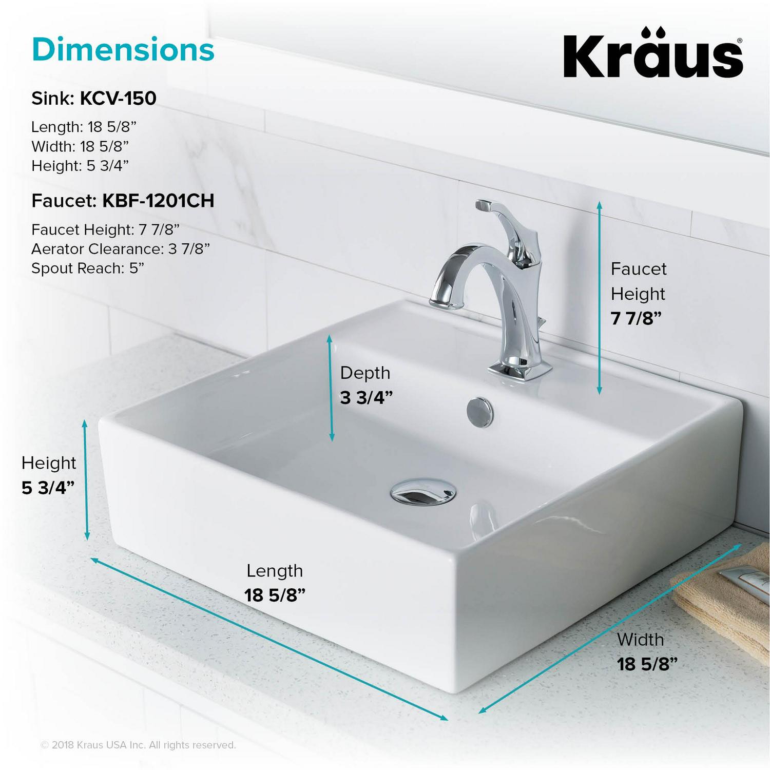 KRAUS Elavo 18 1/2-inch Square White Porcelain Ceramic Bathroom Vessel Sink with Overflow and Arlo Faucet Combo Set with Lift Rod Drain， Chrome Finish