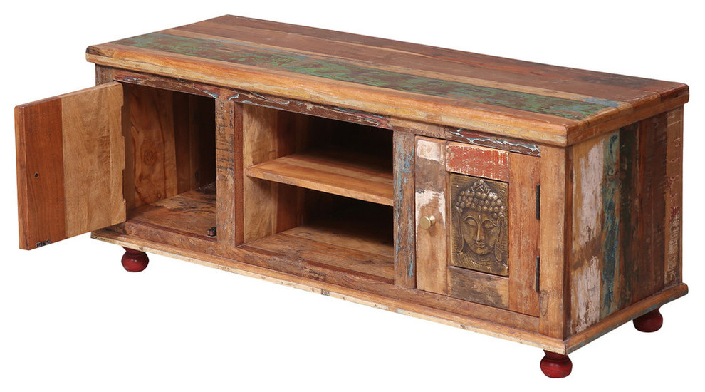 Winifred Distressed Reclaimed Wood Buddha Brass Inlay Media TV Stand   Asian   Entertainment Centers And Tv Stands   by Sierra Living Concepts Inc  Houzz