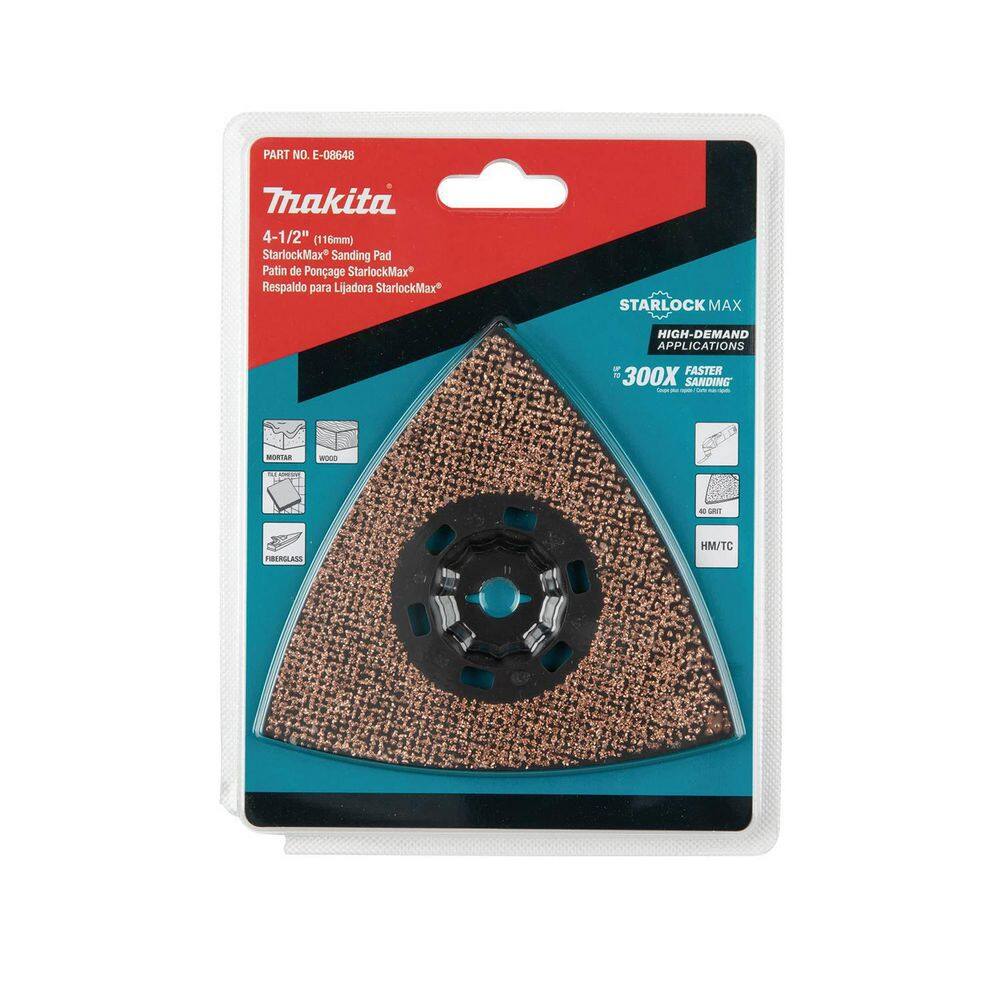 Makita StarlockMax Oscillating Multi-Tool 4-12 in. Tungsten Carbide 40 Grit Delta Triangle Sanding Pad E-08648