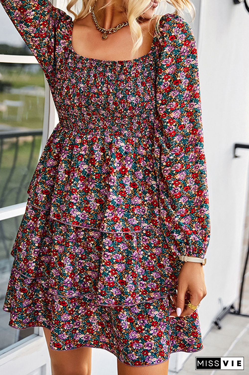 Smocked Tiered Long Sleeves Floral Dress