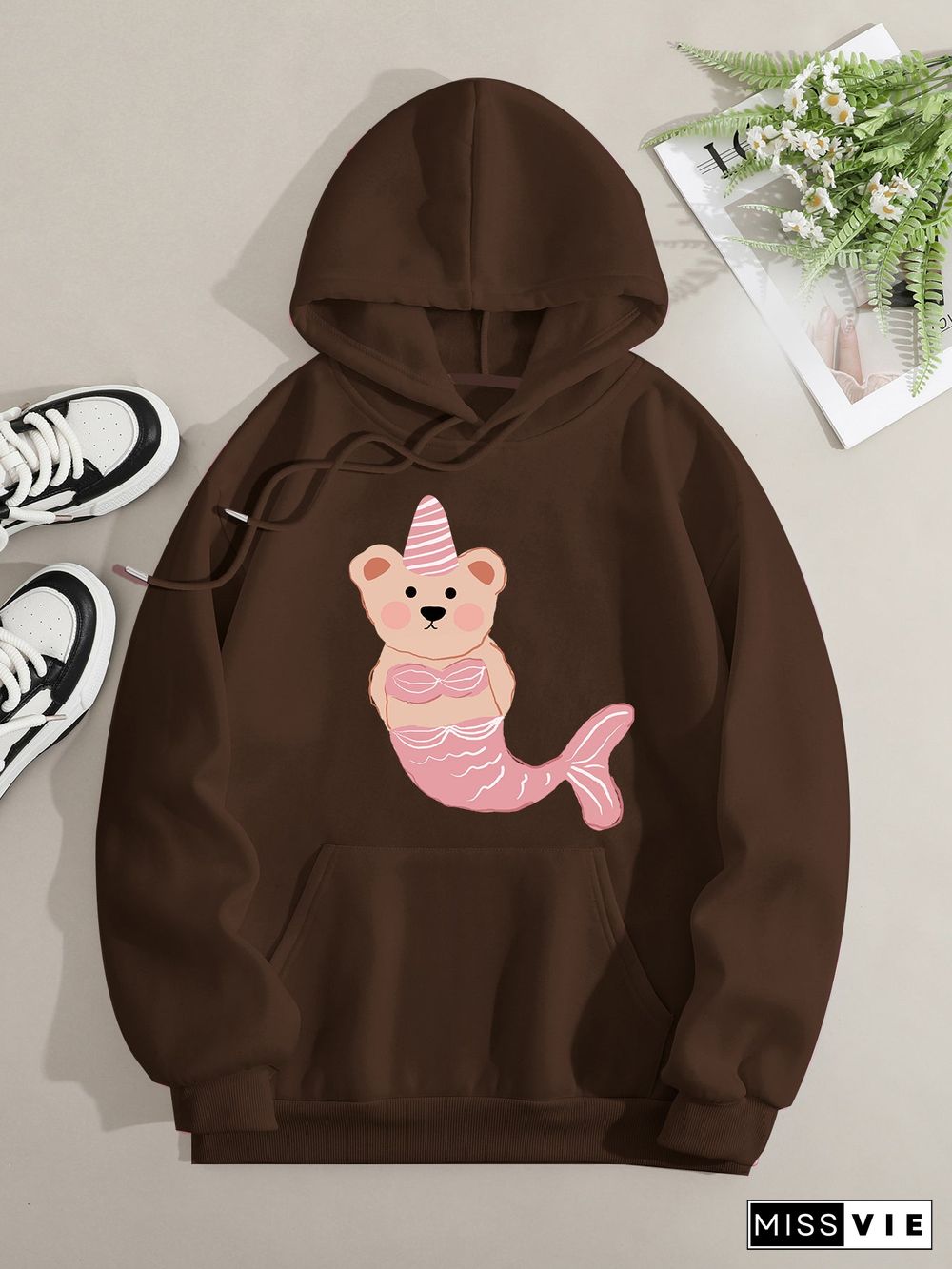 Printed on front Kangaroo Pocket Hoodie Long Sleeve for Women Pattern Mermaid Bear