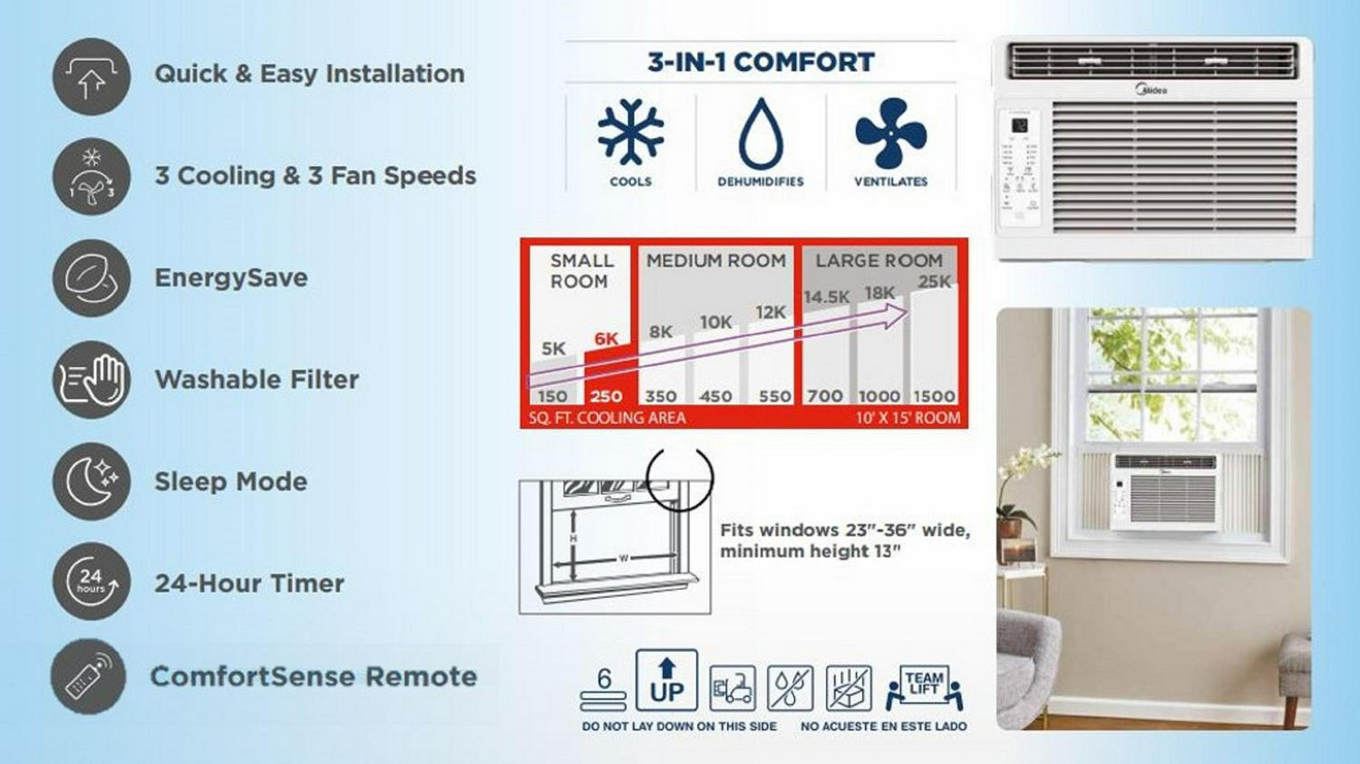 Midea 6，000 BTU 115V Window Air Conditioner with Comfort Sense Remote， White， MAW06R1WWT