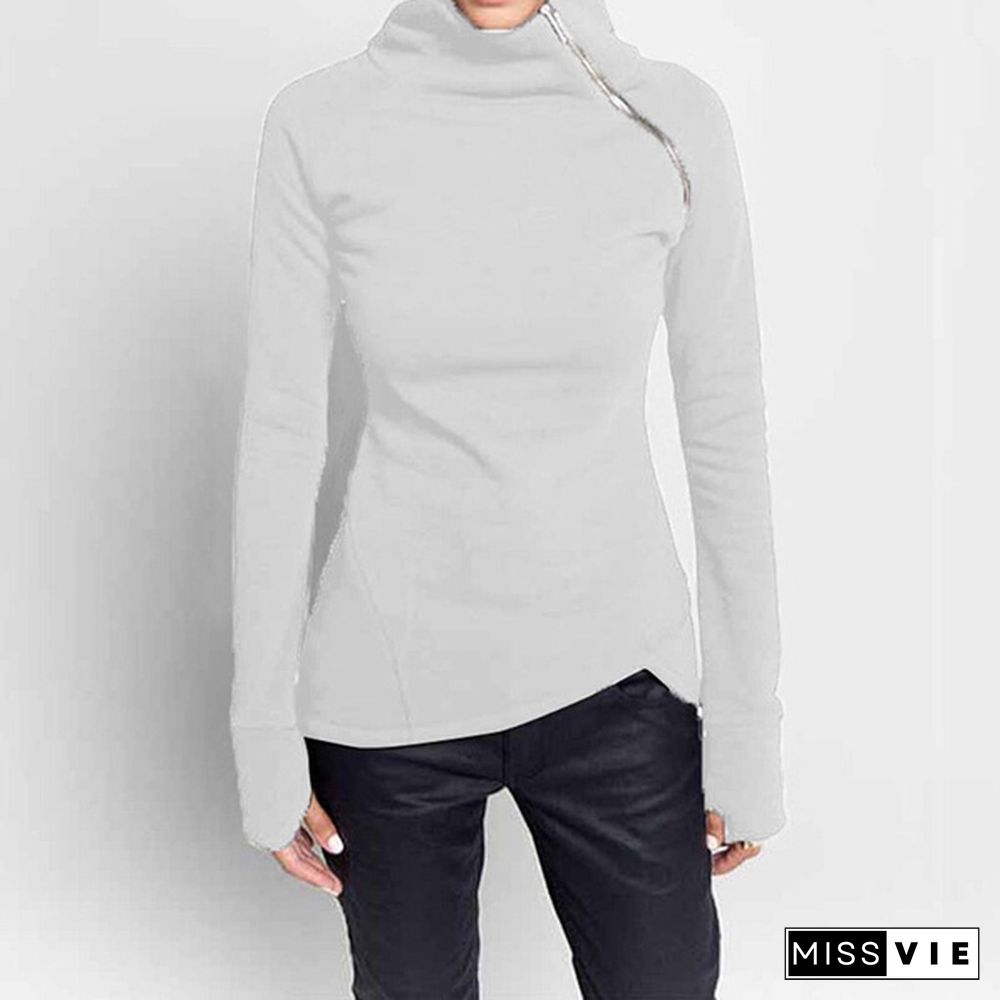 Autumn Winter Ladies Casual High Collar Zipper Long Sleeve Sweater Finger Jacket Women's Clothing