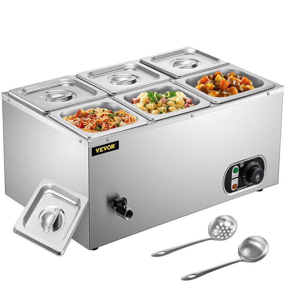 VEVOR 6 in. Deep Commercial Food Warmer 6 x 16GN 6-Pan Stainless Steel Bain Marie Steam Table 12.6 Qt. Capacity 1500-Watt PT6BM-33A110VUKDKV1