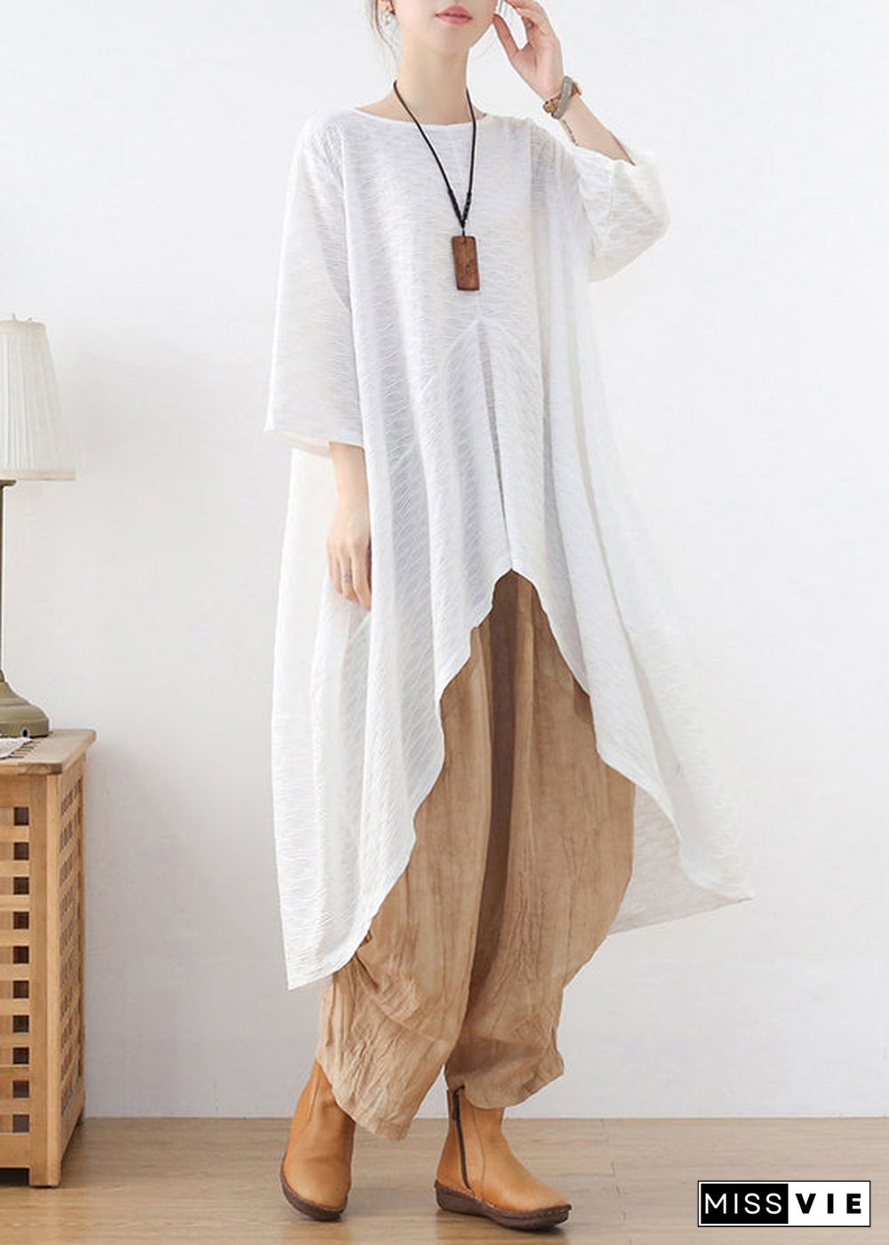 Plus Size White Asymmetrical Design Top Three Quarter sleeve