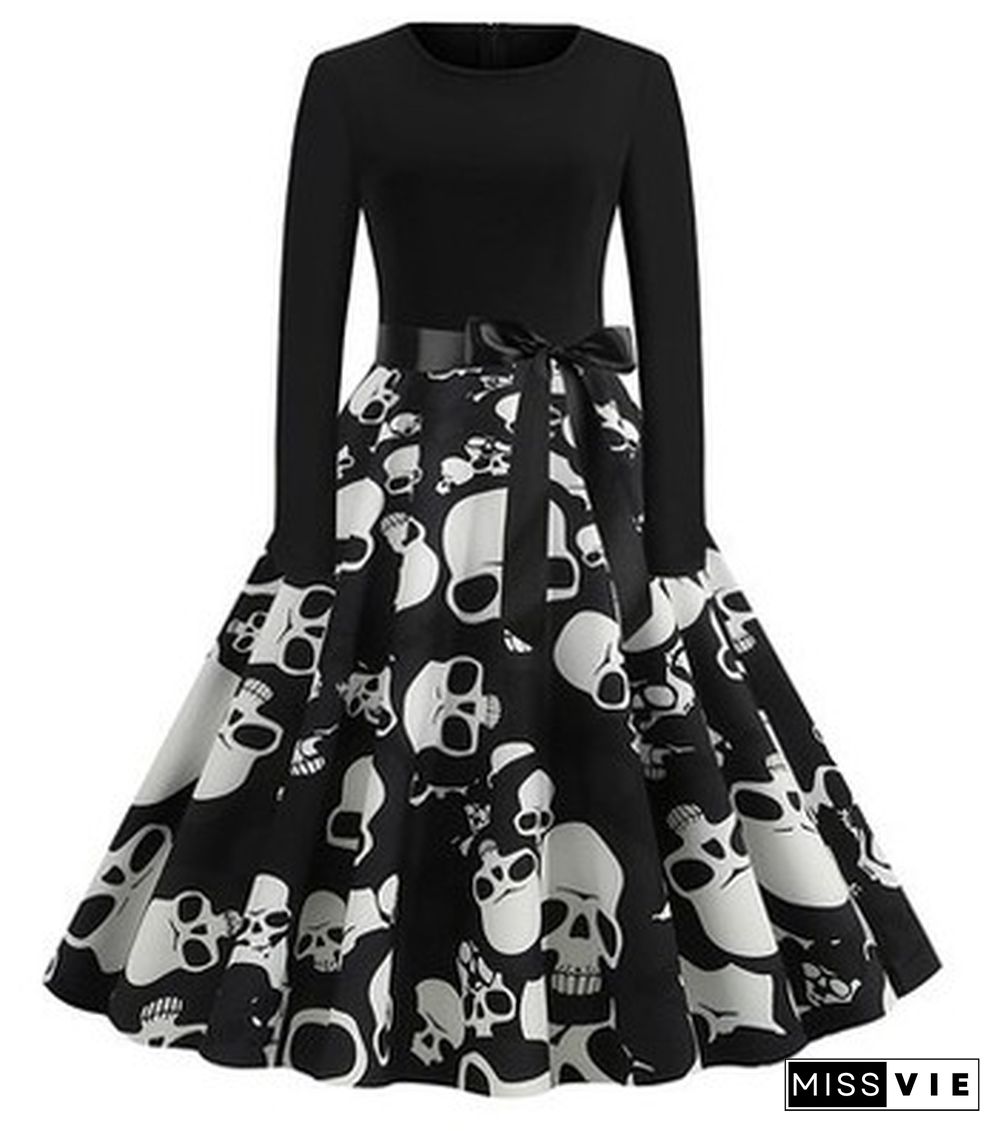 Halloween Print Stitching Long-Sleeved Big Dress