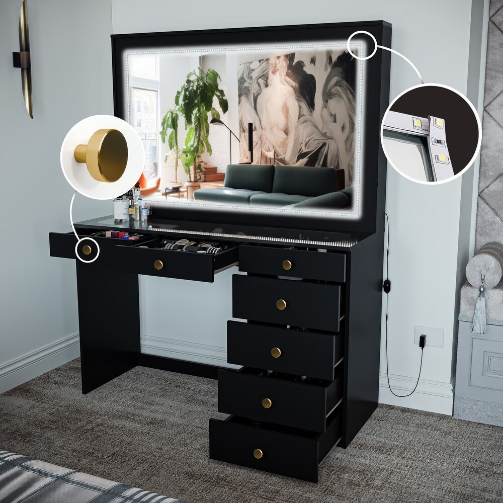 Boahaus Theia Modern Black Vanity Desk  7 Drawers