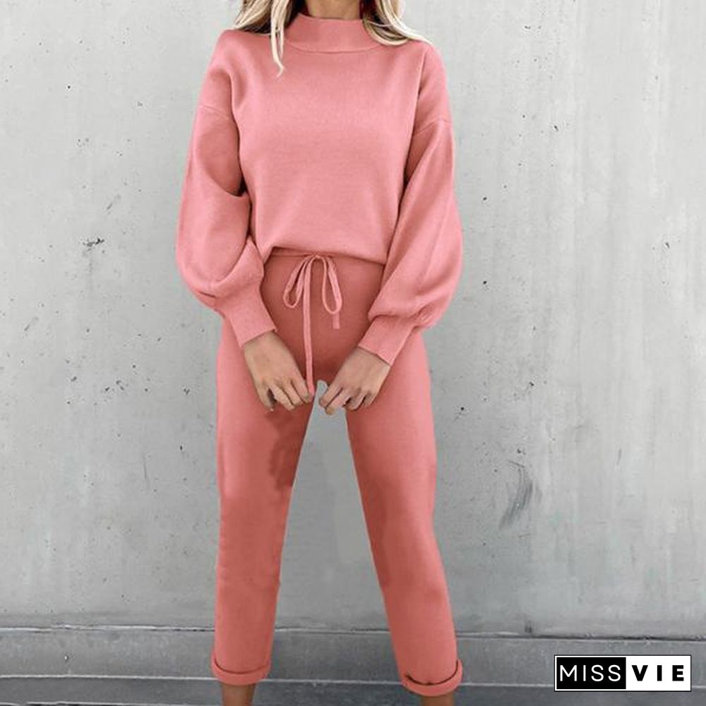 Women Outfit Trendy Elastic Waist Cold Resistant Warm Women Outfit For Office Pure Color Women Pullover Pants Set Sweatshirt Pants Set