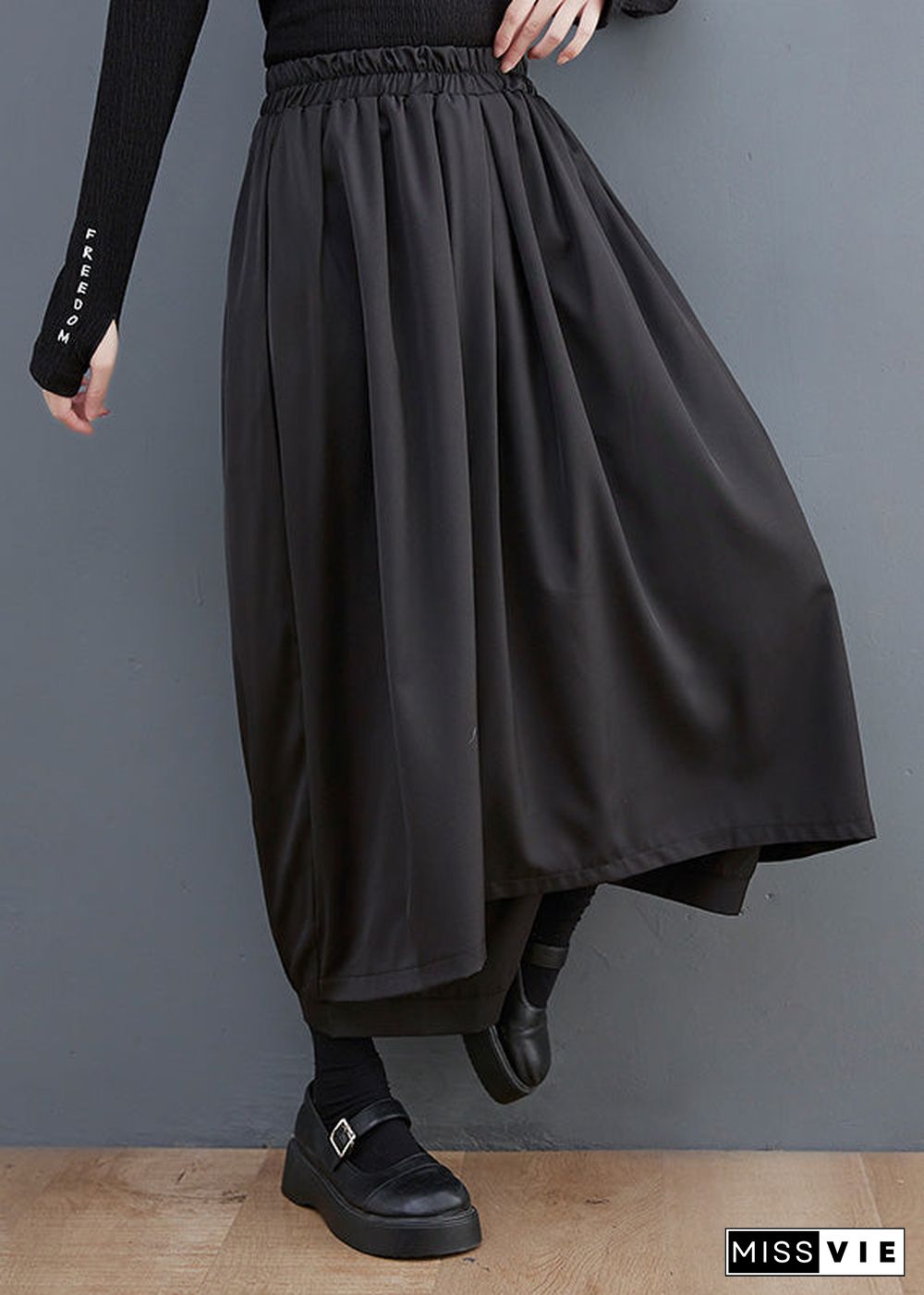 Casual Black Elastic Waist Pockets Solid Wide Leg Pants Skirt Summer