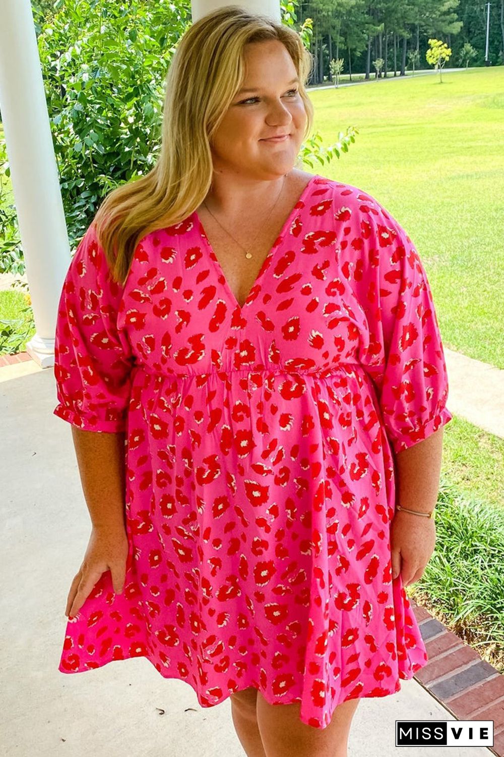 Rose Plus Size 3/4 Sleeves V Neck Leopard Dress