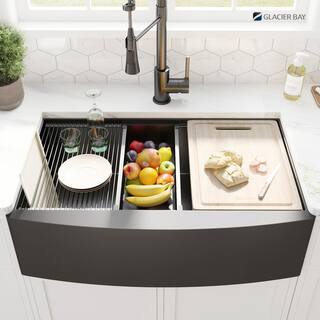 Glacier Bay Gunmetal Black Stainless Steel 36 in. 18-Gauge Double Bowl Farmhouse Workstation Kitchen Sink ACS3622A2Q-W