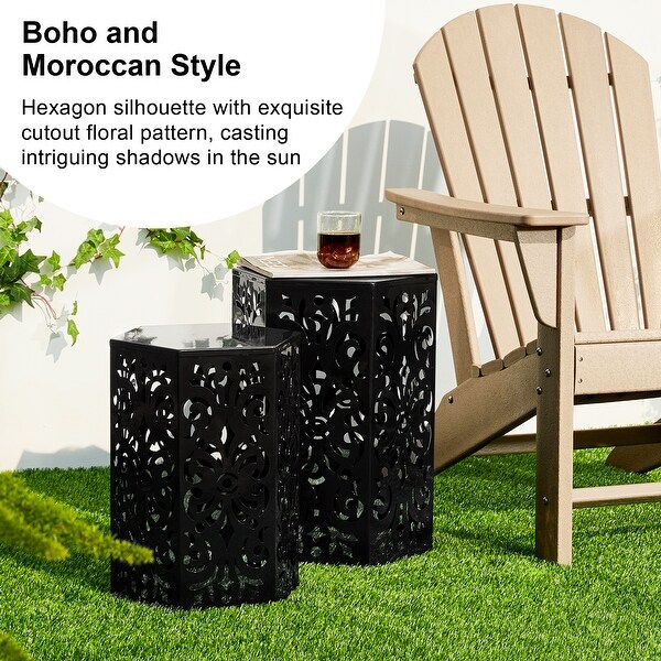 Glitzhome Set of 2 Iron Floral Pattern Outdoor Table Garden Stool