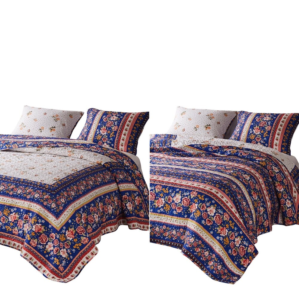 Loir 3 Piece Full Quilt Set with Floral Print  Multicolor