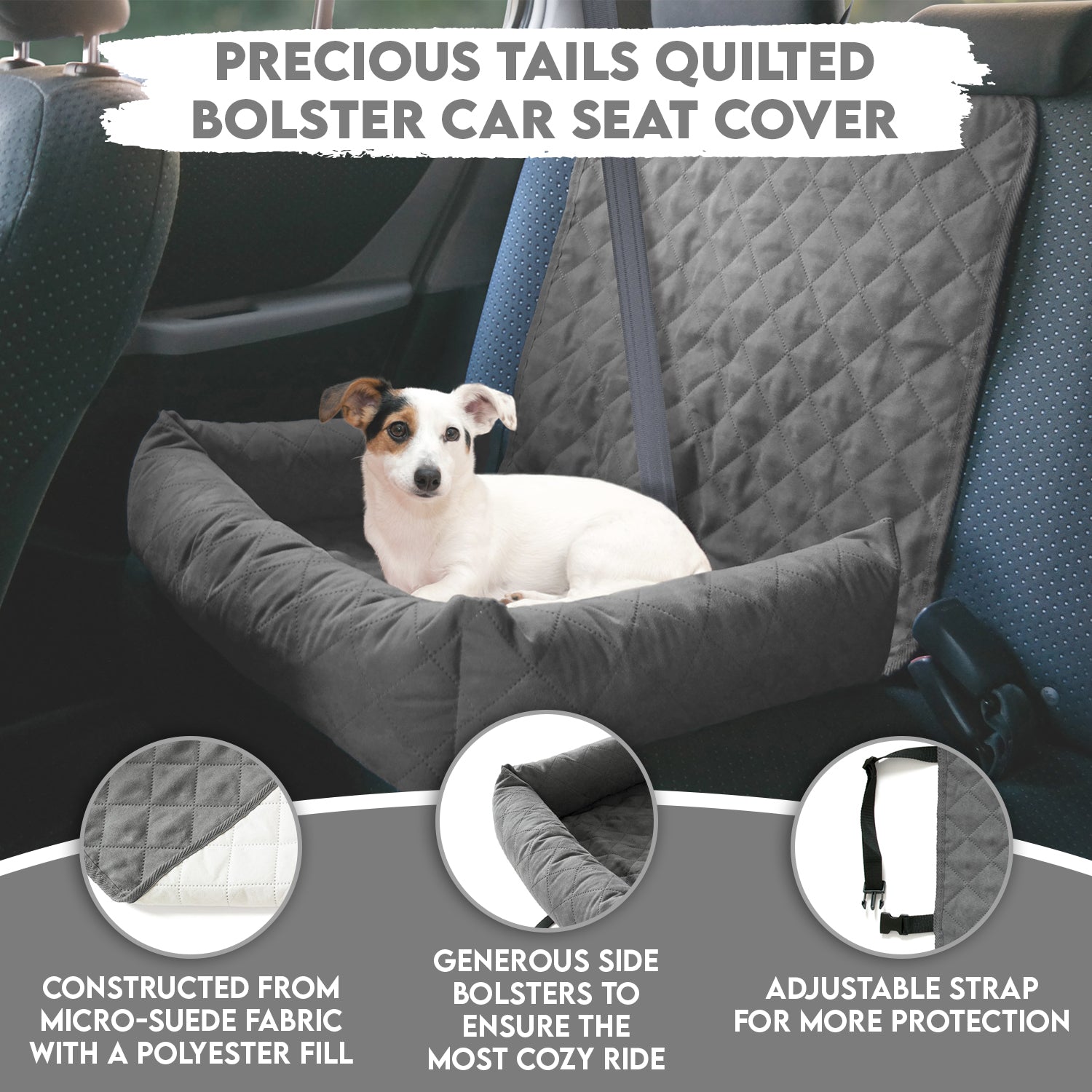 Precious Tails Co-Pilot Bolster Dog Car Seat Cover， Grey， Large， 39