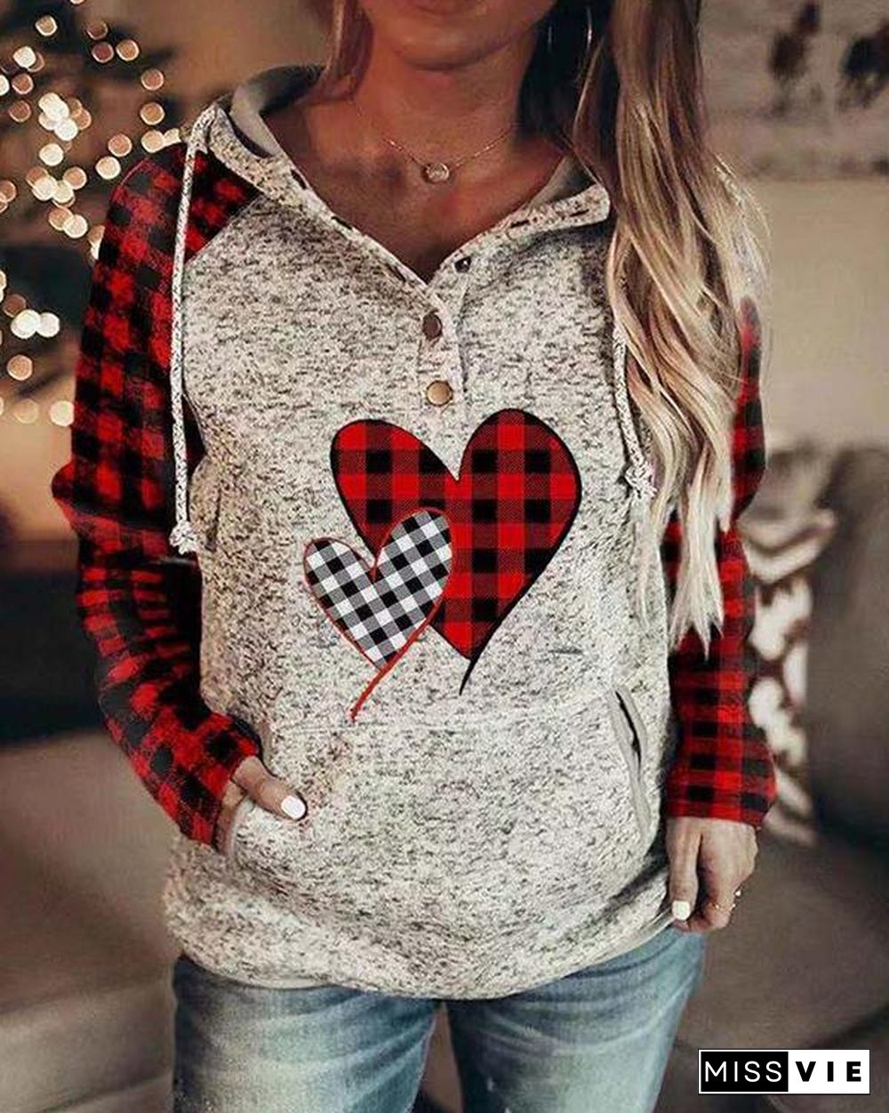 Women's Color-block Plaid Long-sleeve Pocket Hoodie