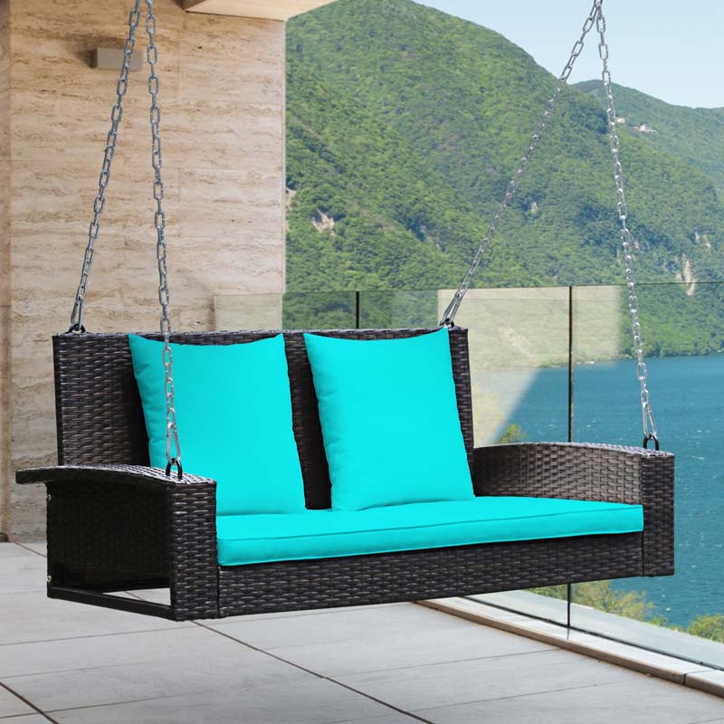 2-Person Rattan Wicker Outdoor Patio Hanging Porch Swing Bench Chair with Sturdy Steel Chain & Cushions