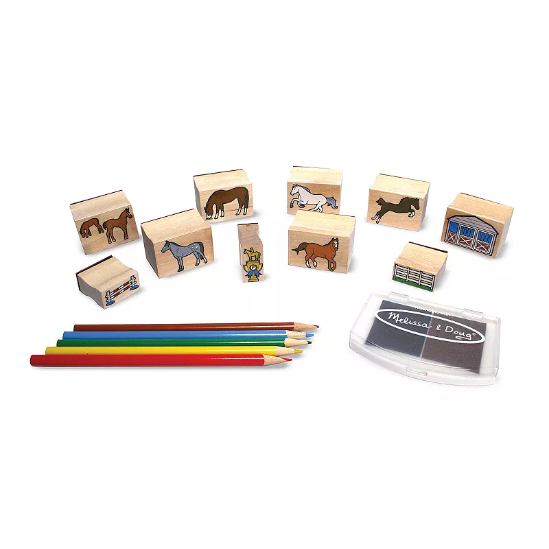 Melissa and Doug Wooden Stamp Activity Set Horse Stable - 10 Stamps， 5 Colored Pencils， 2-Color Stamp Pad