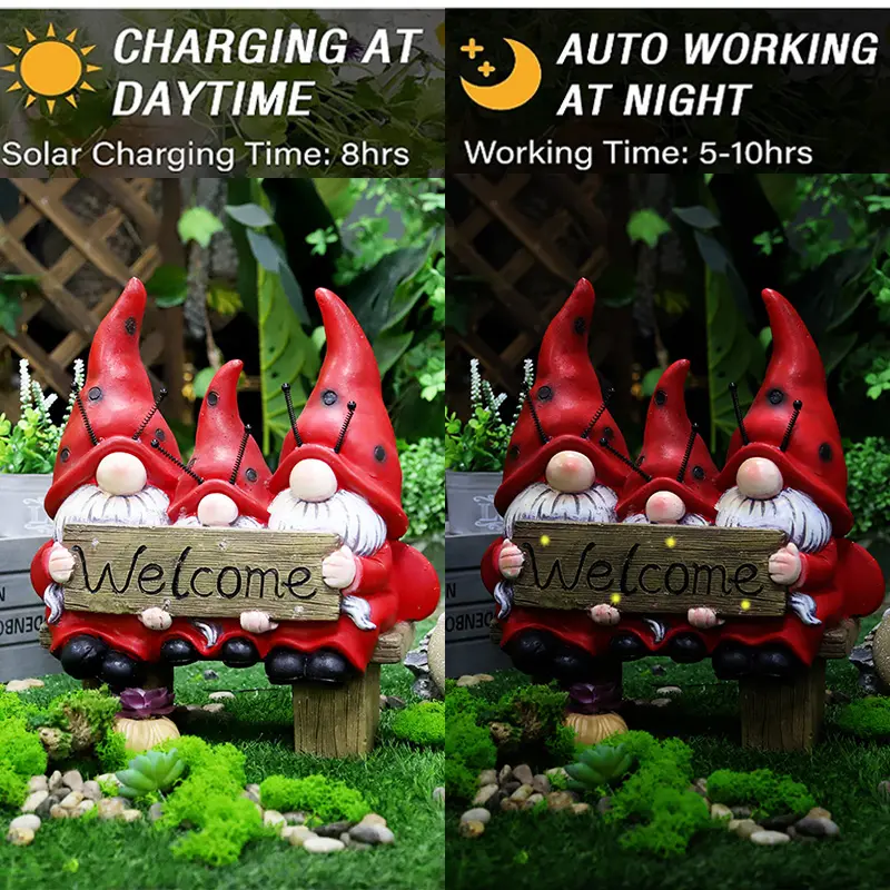 Redeco New Arrival Craftsman Flower Gnome Magnesium Oxide Led Solar Magnesia Gnome Decoration For Gifts Home Garden Decor