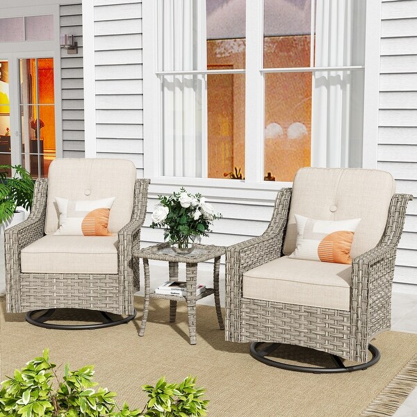 XIZZI 3Piece Swivel Rocking Chair Rattan Wicker Outdoor Patio Furniture Bistro Set