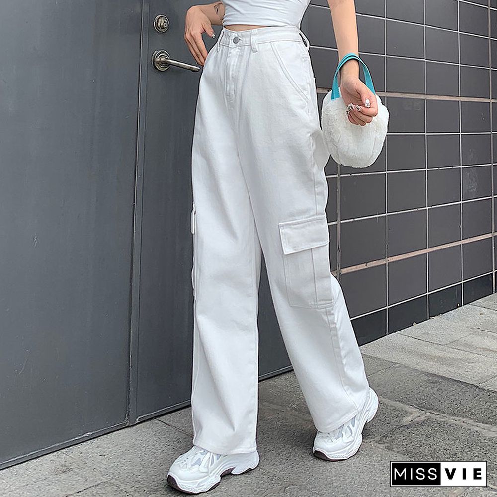 Vintage Loose Jean Cargo Pants Women High Waist Elastic Straight Trousers Casual Korean Pockets Hip Hop Pant Streetwear New