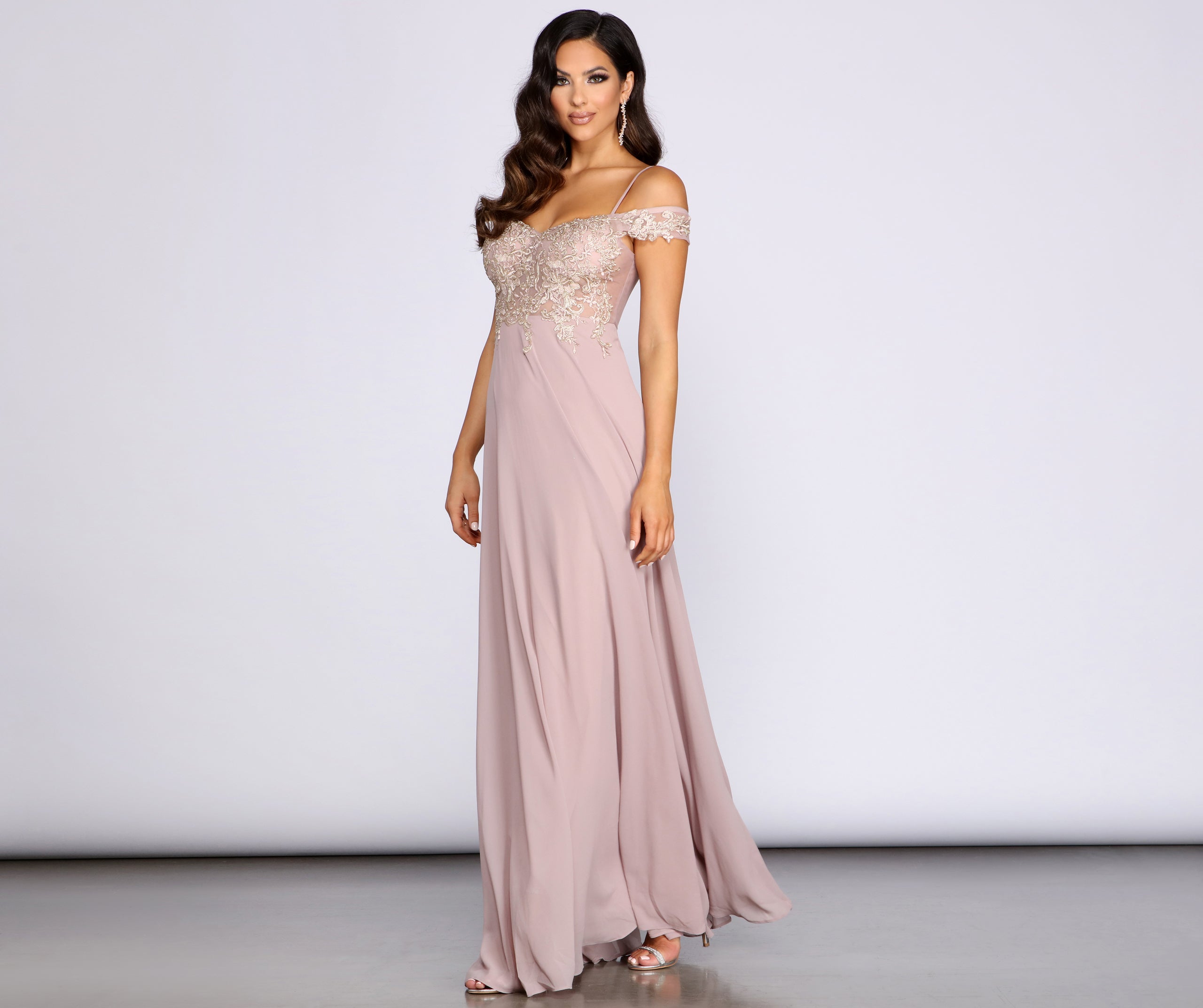 Shea Metallic Applique Off Shoulder Chiffon Dress