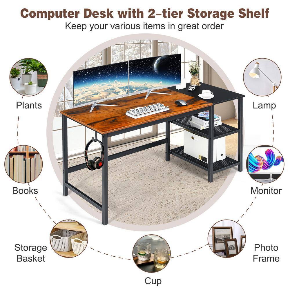 Costway 59 in. Rectangular Brown Wood Home Office Computer Desk Study Laptop Table Detachable Shelf HW67463NA