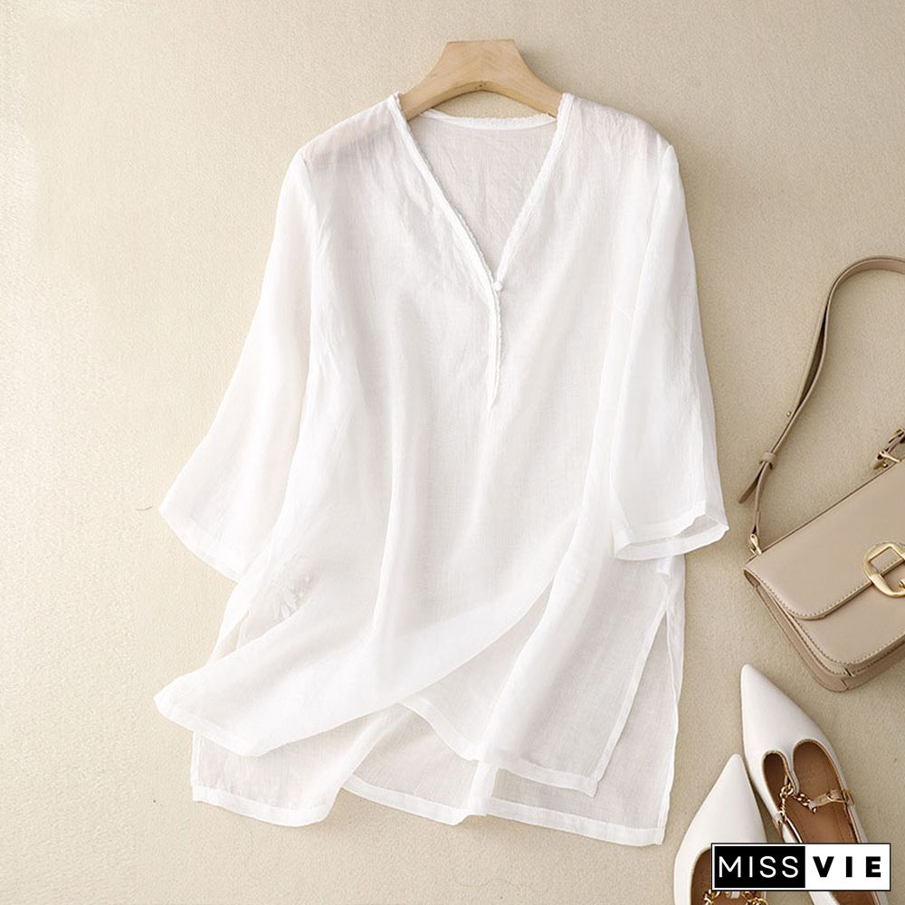 Retro Simple Solid Color V -neck Shirt