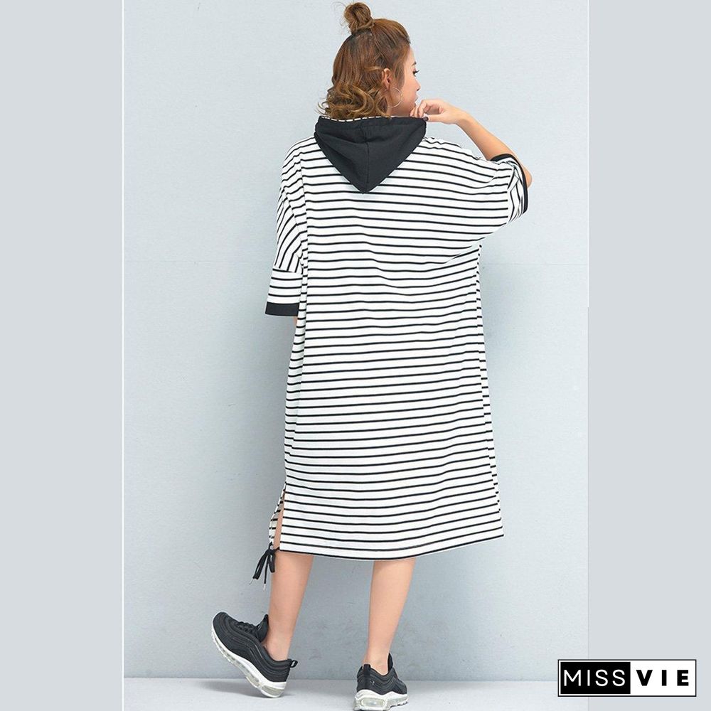 Brand Oversized Women Clothing Loose Casual Cotton Striped Dress