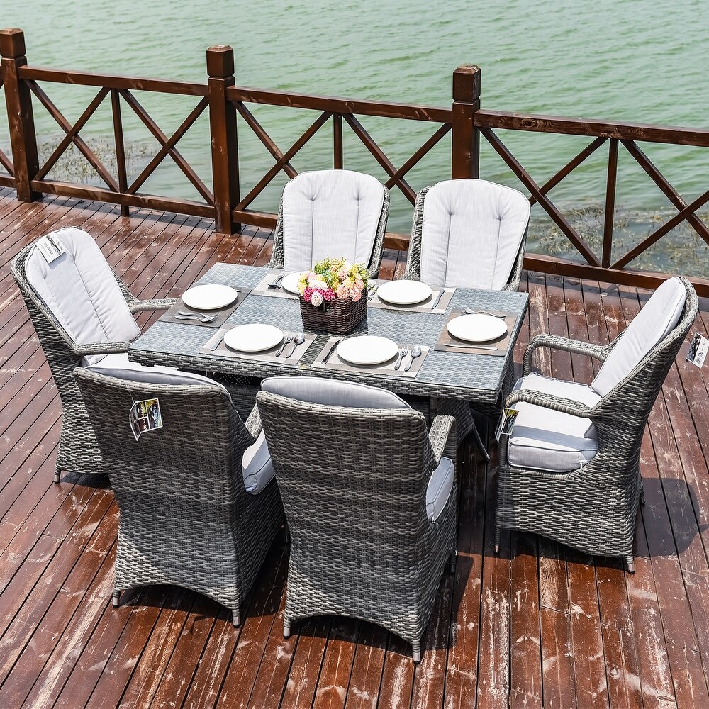 Abrihome 7 piece Outdoor Wicker Dining Table Set with 6 Eton Chairs