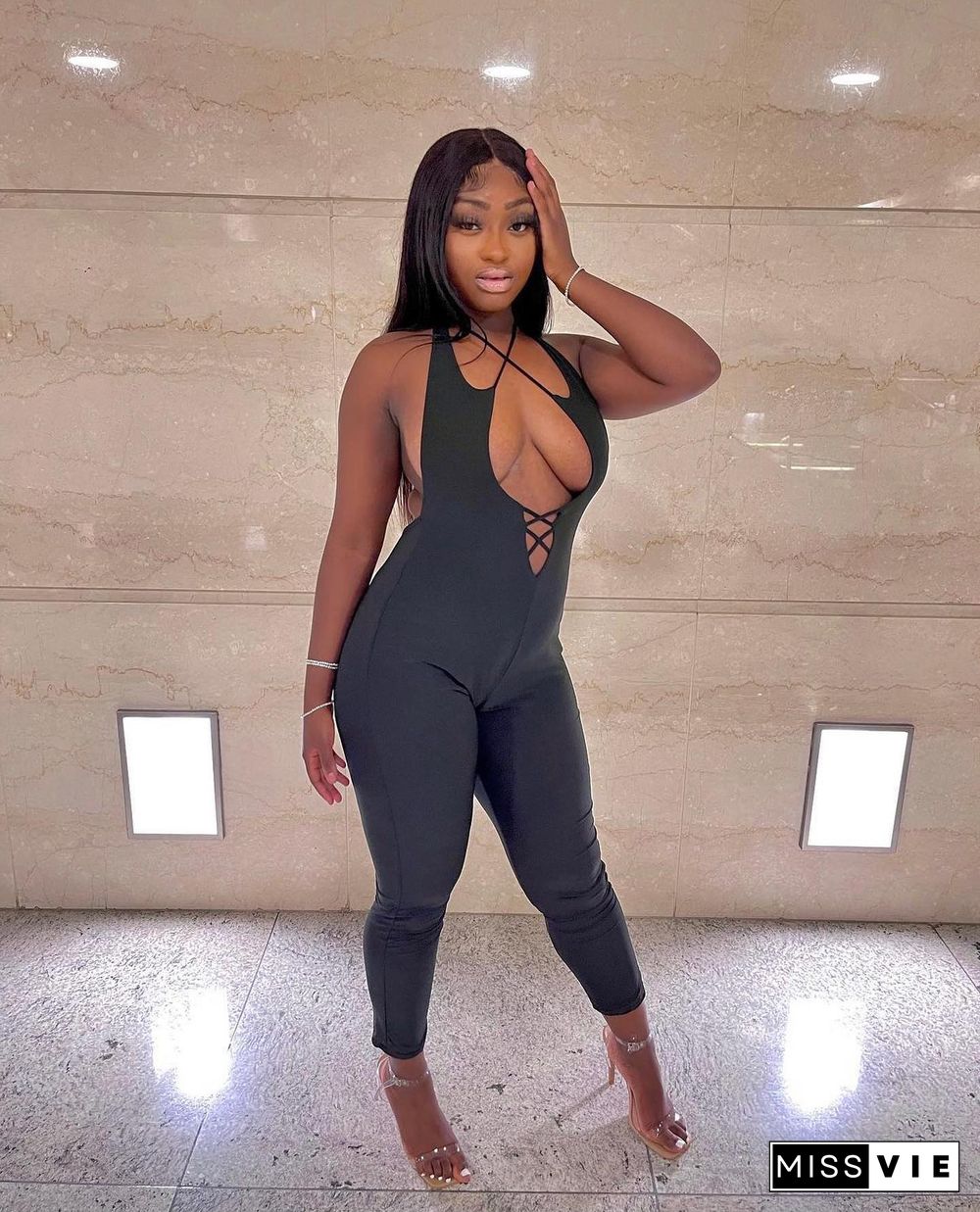 Hollow Out Halter Backless Bodycon Club Jumpsuit