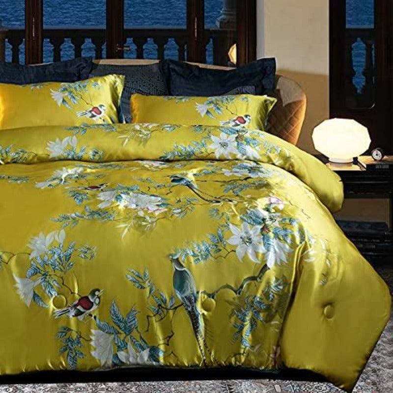 Floral Silky Satin Bird Flower Pattern Bedding Set Luxury Comforter Cover Set