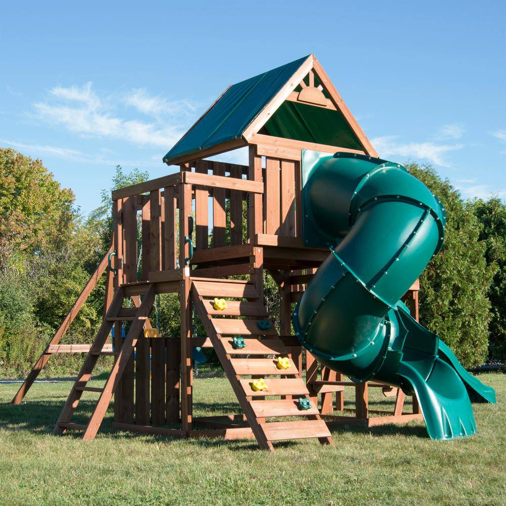 Swing-N-Slide Playsets Tellico Terrace Ready-To-Assemble Wooden Outdoor Playset with 2 slides Rock Wall Tarp Roof and Swing Set Accessories WS 8359