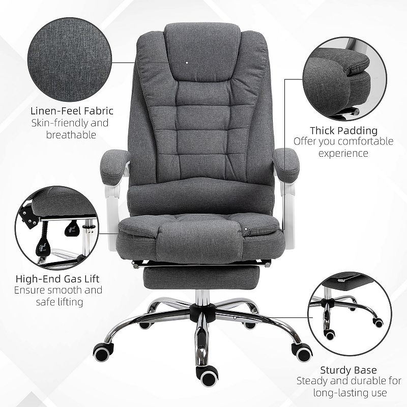 Vinsetto High-Back Executive Office Chair with Footrest， Linen-Fabric Computer Chair with Padded Armrests， Ergonomic Office Chair， Gray