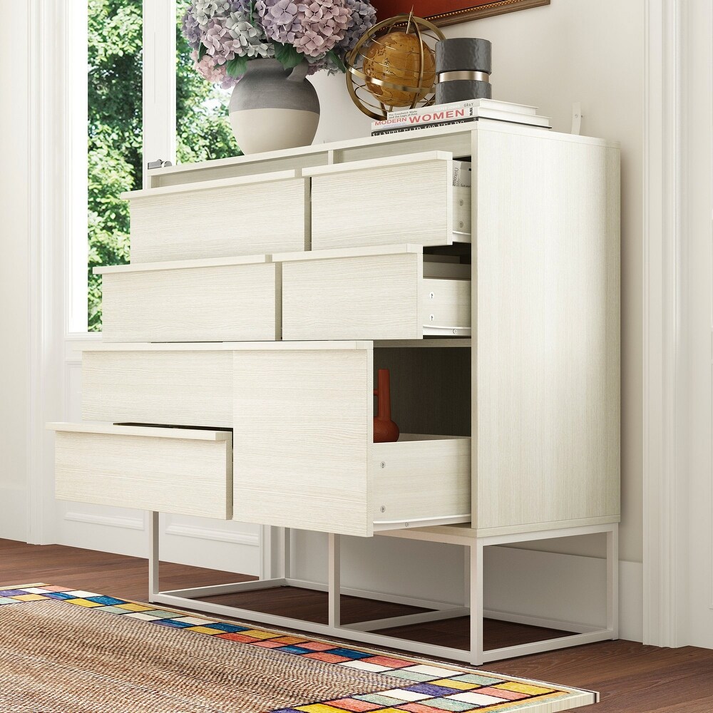 Contemporary 7 Drawer Wooden Chest Versatile Storage in Beige Dresser