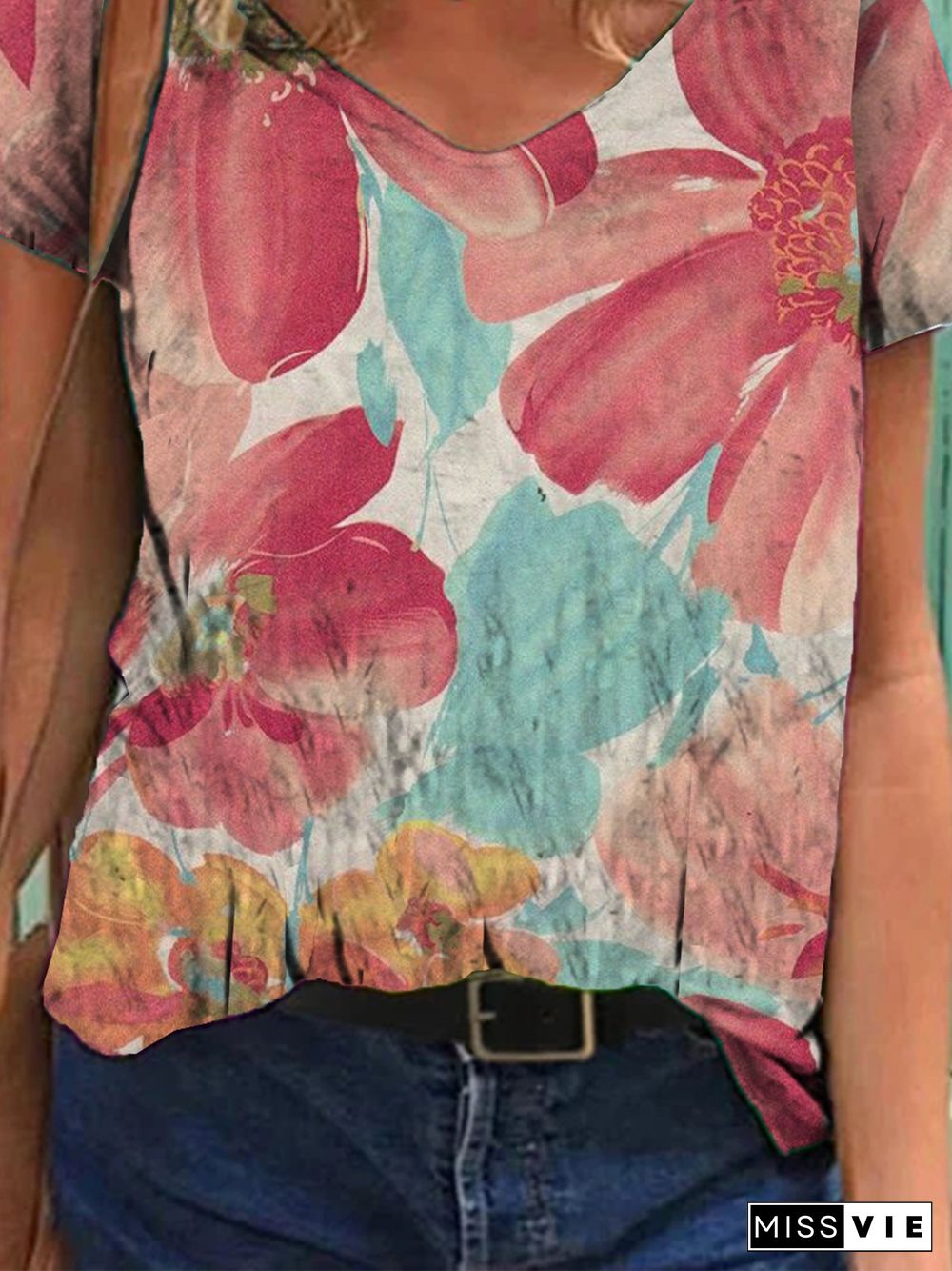 Romantic Floral Cotton-Blend Holiday V Neck T-shirt