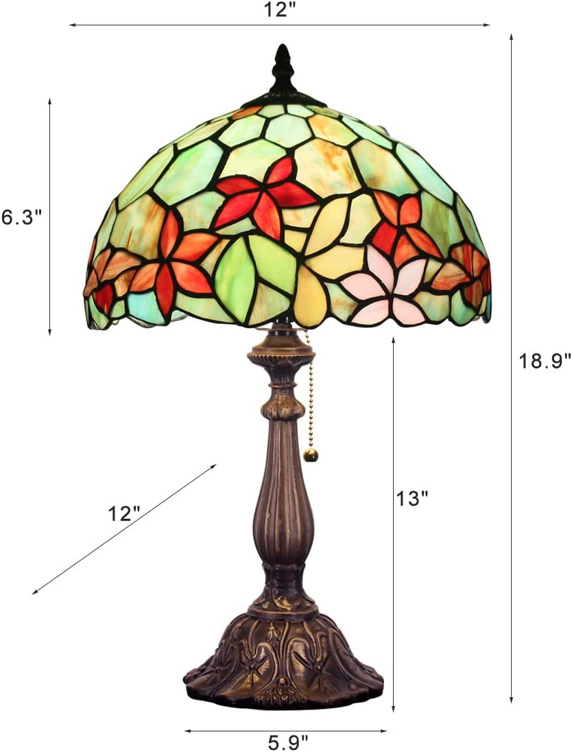 SHADY Tiffany Style Table Lamp W12H19 Inch Stained Glass Flower Antique Bedside Nightstand Desk Reading Lamp Work Study Desktop Light Decor Home Kids Bedroom Living Room Office Pull Chain