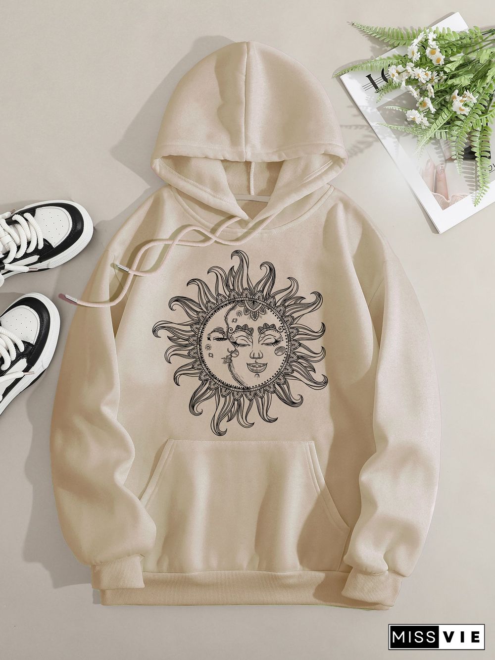 Printed on front Kangaroo Pocket Hoodie Long Sleeve for Women Pattern Moon and Sun