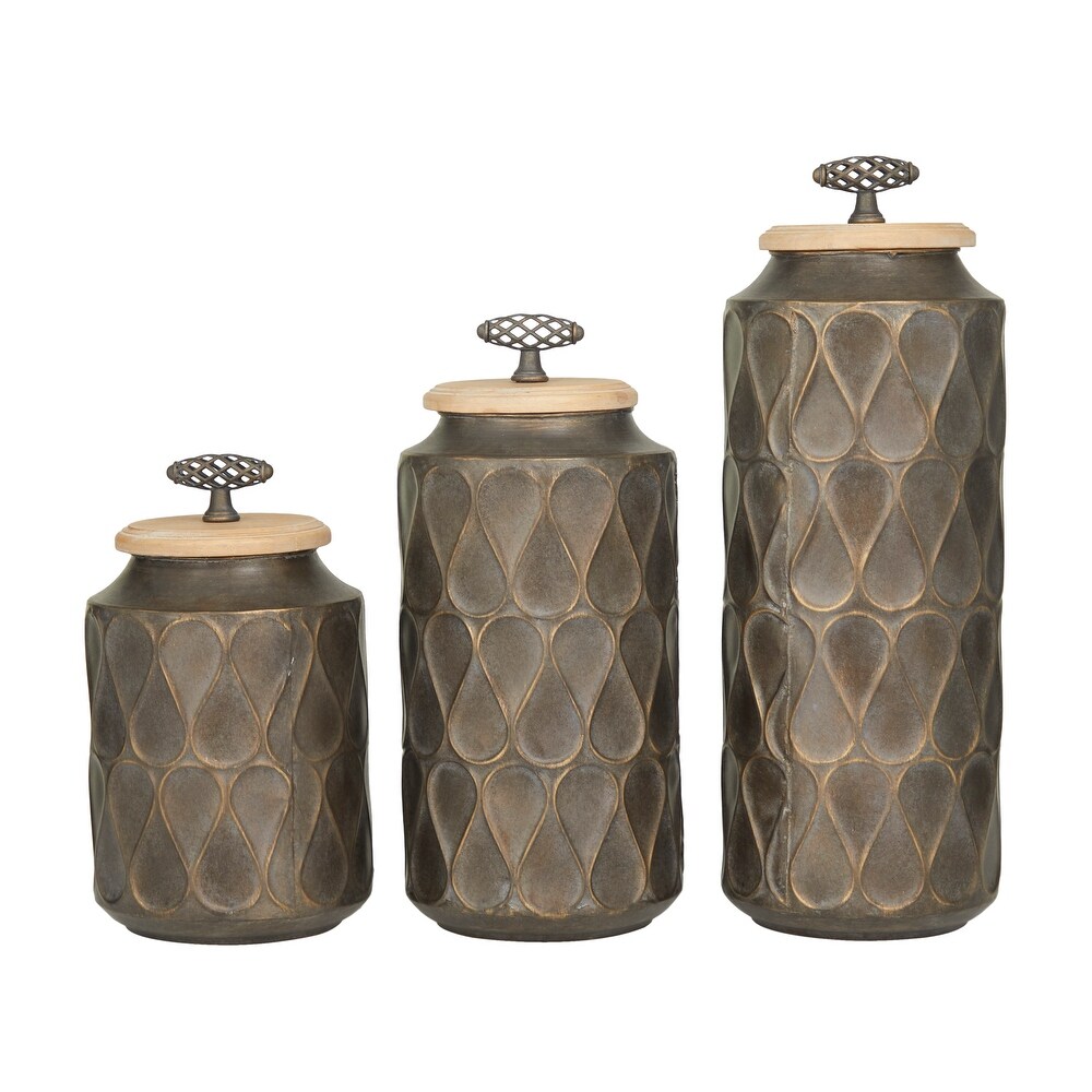 White or Black Bronze Metal Decorative Jars with Wood Lids (Set of 3)   S/3 16\