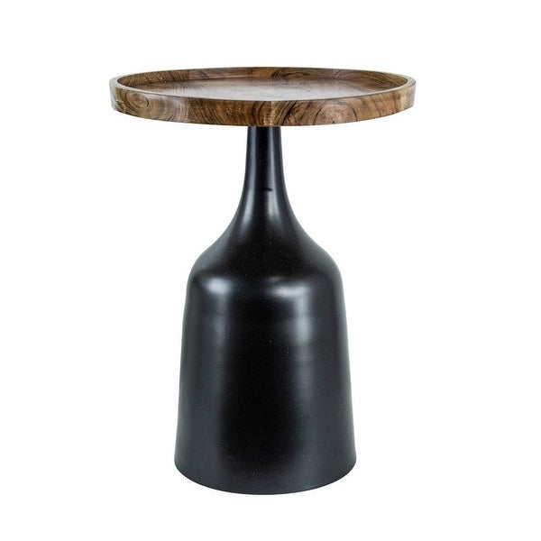 20， 17 Inch Side Table， Acacia Wood， Flared Pedestal Base， Aluminum， Black - 36.5 H x 30 W x 21 L